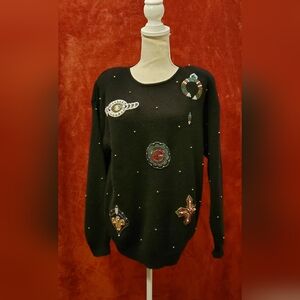 VINTAGE SWEATER (Marisa Christina) Black Sweater with Beaded Embellishments